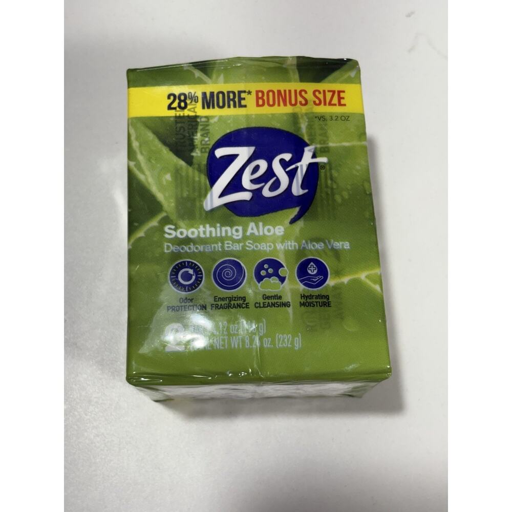 New Zest Soothing Aloe, Deodorant‎ Bar Soap With Aloe Vera, 2x Bars 4.12oz Each
